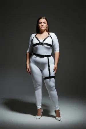 Black Faux Leather Harness Bra and Thigh Garter Set, Plus Size Model