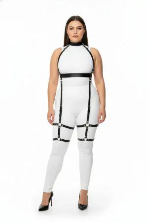 Black Faux Leather Full Body Harness with Halter Neck and Thigh Garters
