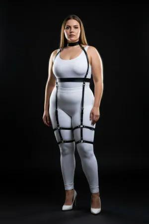 Black Faux Leather Full Body Harness with Halter Neck and Thigh Garters