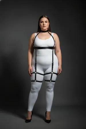 Black Faux Leather Full Body Harness with Halter Neck and Thigh Garters