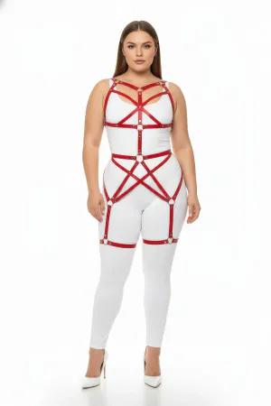 Red Faux Leather Full Body Harness with Adjustable Straps and O-Rings