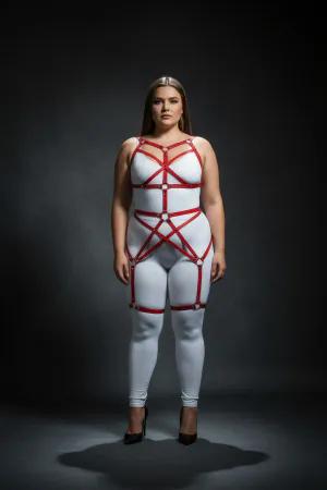 Red Faux Leather Full Body Harness with Adjustable Straps and O-Rings