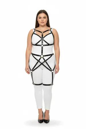 Black faux leather full body harness with strappy cage design on model