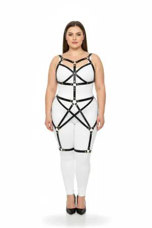 Black faux leather full body harness with strappy cage design on model
