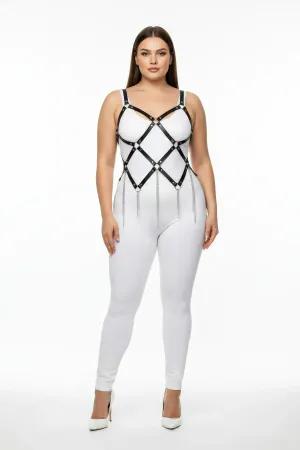 Black faux leather full body harness with diamond lattice and silver chain fringe, worn by a plus-size model