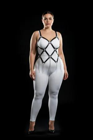 Black faux leather full body harness with diamond lattice and silver chain fringe, worn by a plus-size model