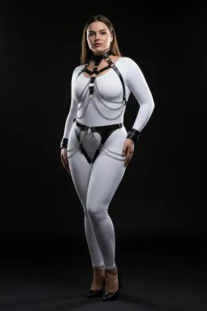 Black Faux Leather Full Body Harness Choker Chains Silver Hardware
