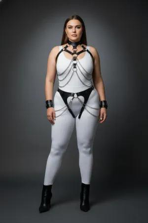 Black Faux Leather Full Body Harness Choker Chains Silver Hardware