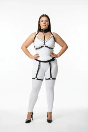 Black Faux Leather Full Body Harness with Choker, Chain, and Thigh Garters