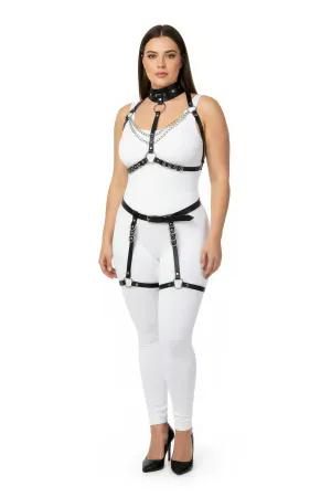 Black Faux Leather Full Body Harness with Choker, Chain, and Thigh Garters