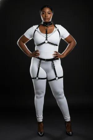 Black Faux Leather Full Body Harness with Choker, Chain, and Thigh Garters