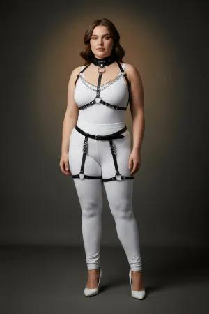 Black Faux Leather Full Body Harness with Choker, Chain, and Thigh Garters