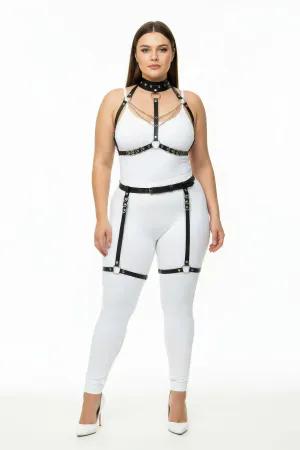 Black Faux Leather Full Body Harness Set Plus Size Model