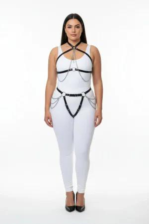 Black Faux Leather Full Body Harness with Chain Accents Adjustable Straps
