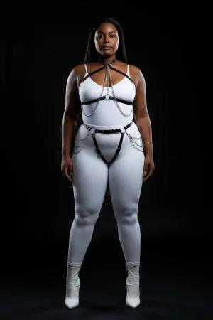 Black Faux Leather Full Body Harness with Chain Accents Adjustable Straps
