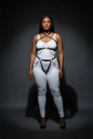 Black Faux Leather Full Body Harness with Chain Accents Adjustable Straps