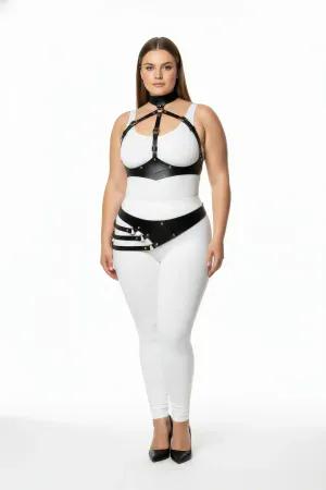 Black Faux Leather Full Body Harness with Diagonal Waist Belt and Studs