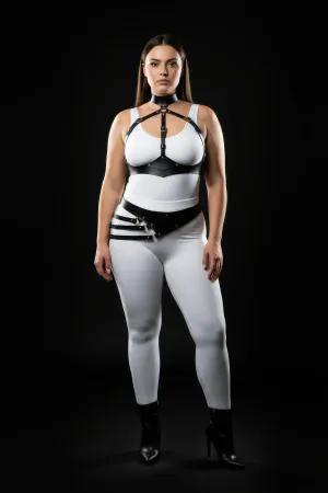 Black Faux Leather Full Body Harness with Diagonal Waist Belt and Studs