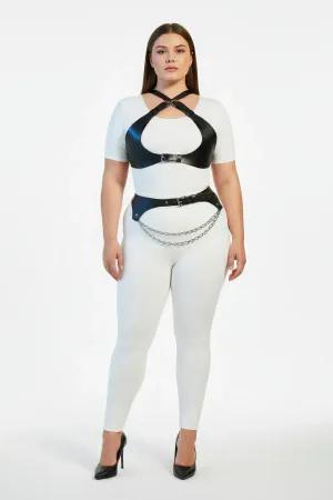 Black Faux Leather Harness Set with Layered Waist Chain Front View