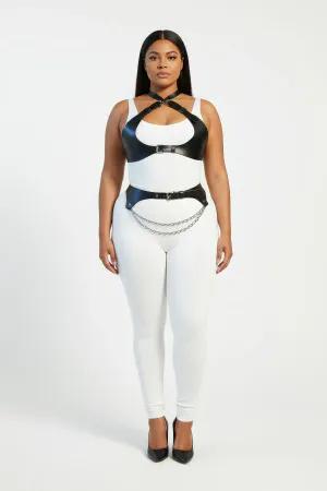 Black Faux Leather Harness Set with Layered Waist Chain Front View