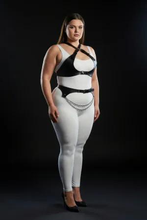 Black Faux Leather Harness Set with Layered Waist Chain Front View