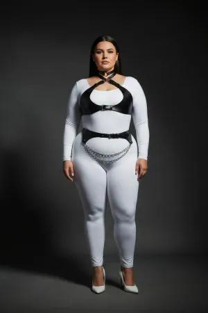 Black Faux Leather Harness Set with Layered Waist Chain Front View