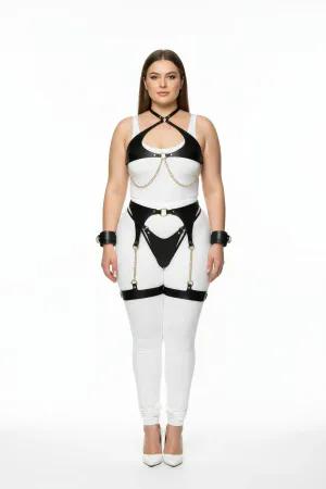 Plus Size Black Faux Leather Chain Harness Set with Garters