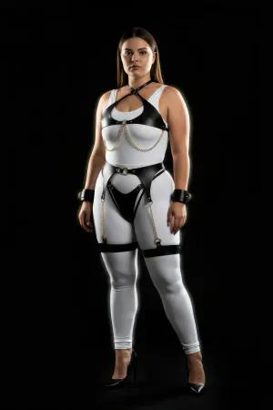 Plus Size Black Faux Leather Chain Harness Set with Garters