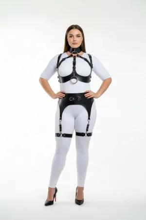 Black Faux Leather Full Body Harness with Garter Belt and Thigh Straps Plus Size