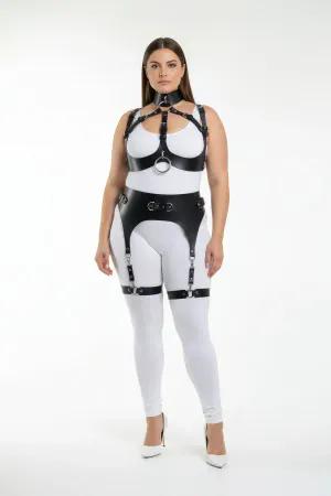 Black Faux Leather Full Body Harness with Garter Belt and Thigh Straps Plus Size
