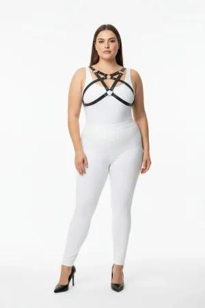 Black vegan leather chest harness with O-ring detail worn by a plus-size model
