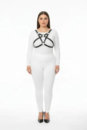 Black vegan leather chest harness with O-ring detail worn by a plus-size model