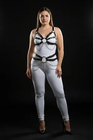 Black Faux Leather Full Body Harness O-Rings Chains Women Adjustable Straps