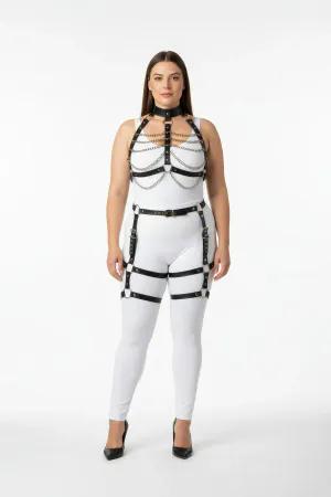 Black Faux Leather Full Body Harness Women with Chest Chains and Thigh Garters