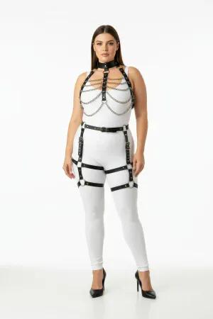 Black Faux Leather Full Body Harness Women with Chest Chains and Thigh Garters