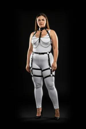Black Faux Leather Full Body Harness Women with Chest Chains and Thigh Garters