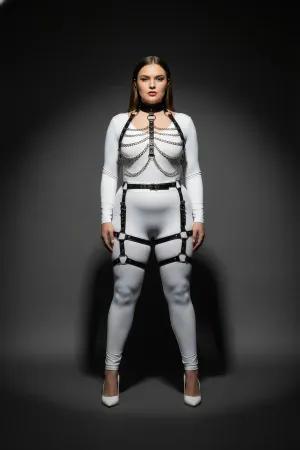 Black Faux Leather Full Body Harness Women with Chest Chains and Thigh Garters