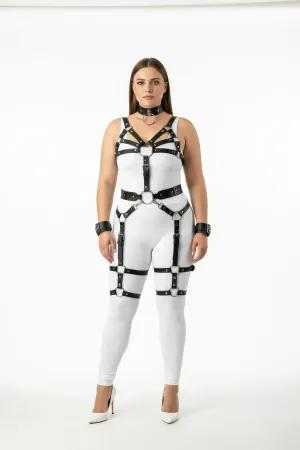 Black Faux Leather Full Body Harness Set with Leg Garters Choker Wrist Cuffs