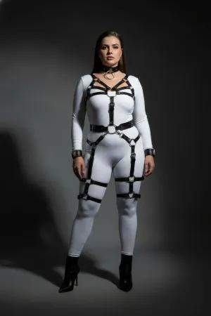 Black Faux Leather Full Body Harness Set with Leg Garters Choker Wrist Cuffs