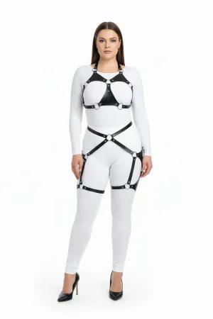 Black Faux Leather Full Body Harness for Women with Silver O-Rings