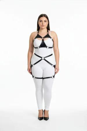 Black Faux Leather Full Body Harness for Women with Silver O-Rings