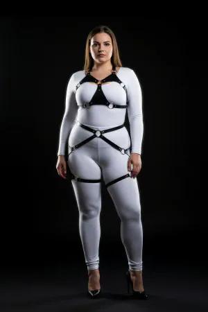 Black Faux Leather Full Body Harness for Women with Silver O-Rings