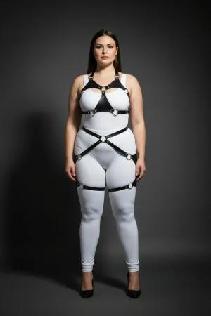 Black Faux Leather Full Body Harness for Women with Silver O-Rings