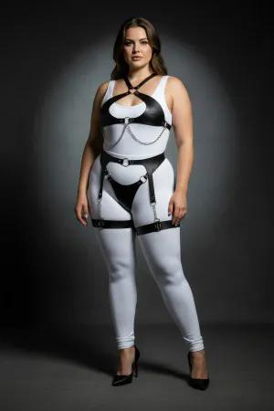 Plus Size Black Faux Leather Body Harness with O-Rings and Detachable Garter Straps