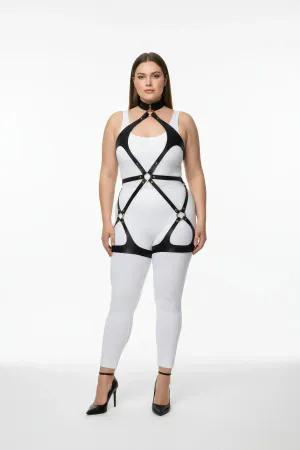 Black Vegan Leather Full Body Harness with Neck Collar and Thigh Straps on Plus Size Model
