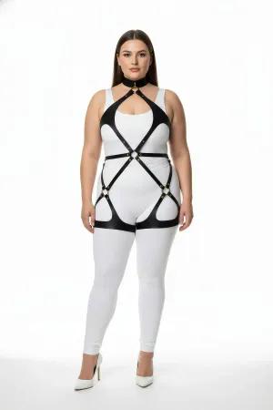 Black Vegan Leather Full Body Harness with Neck Collar and Thigh Straps on Plus Size Model