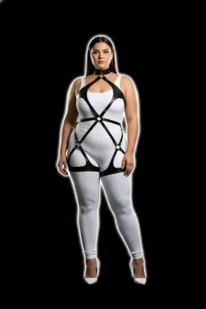 Black Vegan Leather Full Body Harness with Neck Collar and Thigh Straps on Plus Size Model