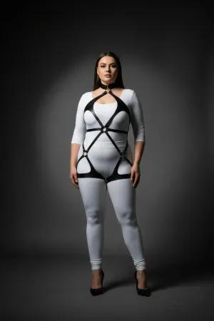 Black Vegan Leather Full Body Harness with Neck Collar and Thigh Straps on Plus Size Model