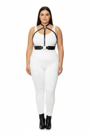 Black Faux Leather Strappy Harness Chest Piece Women Adjustable O-Ring Closure