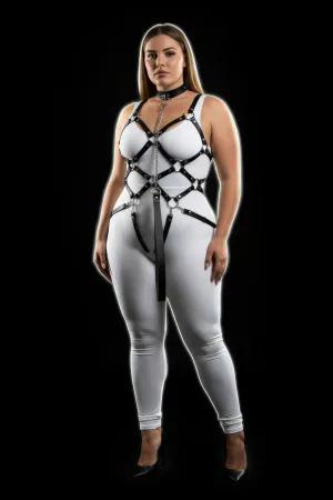 Büyük Beden Beyaz Full Body Harness Takım Siyah Zincir Detaylı Geometrik Desen